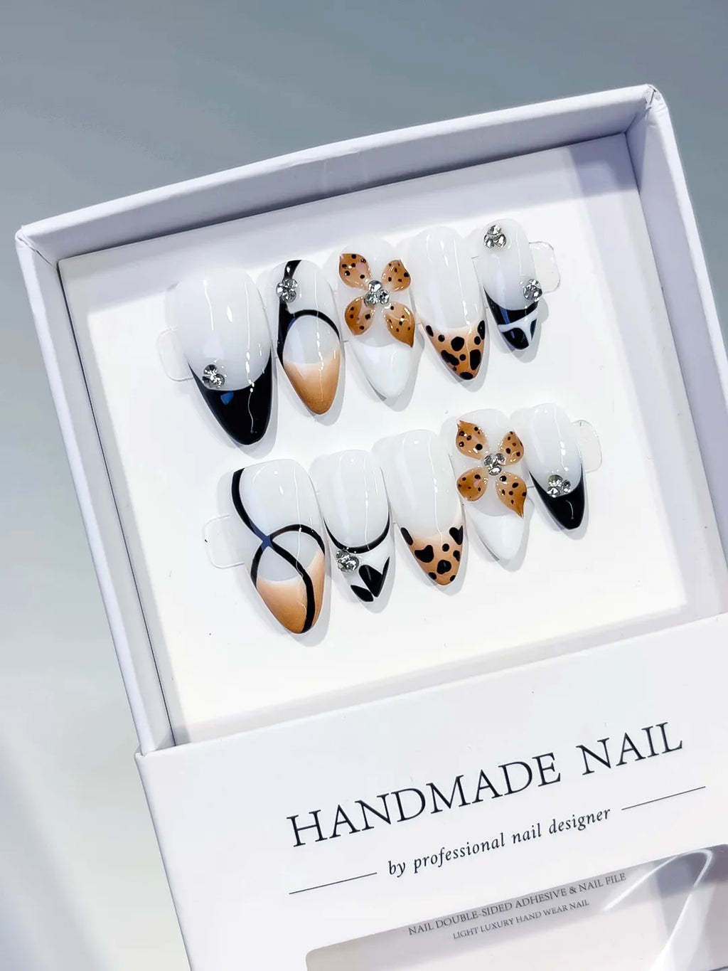 D558 - Medium White Black Almond French tip Flower Animal Print