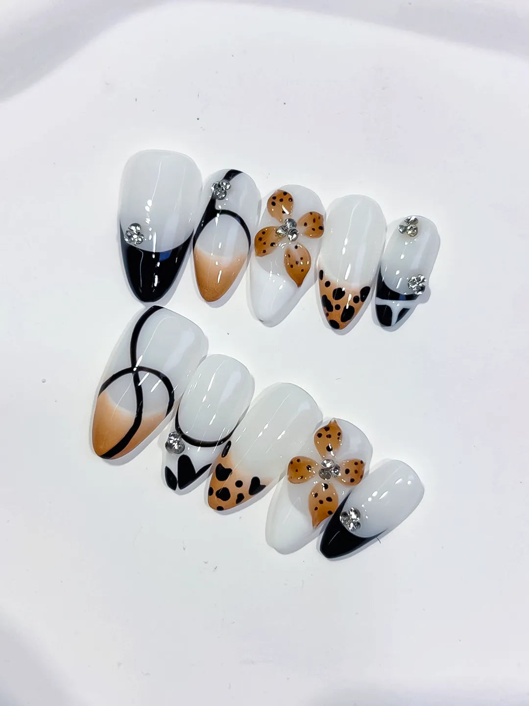 D558 - Medium White Black Almond French tip Flower Animal Print