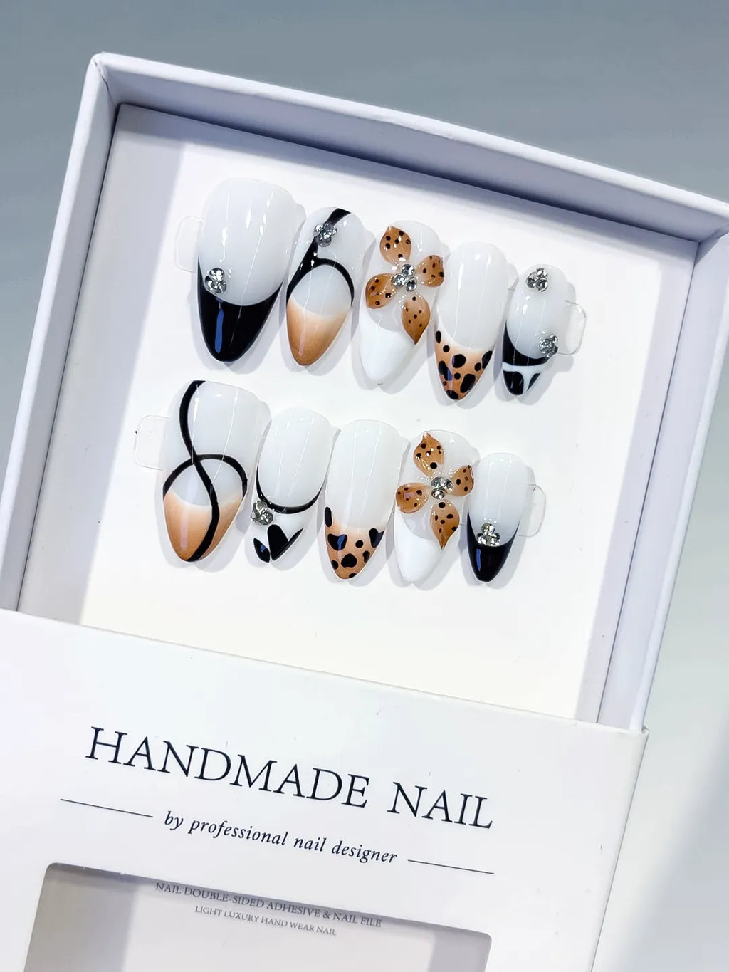 D558 - Medium White Black Almond French tip Flower Animal Print