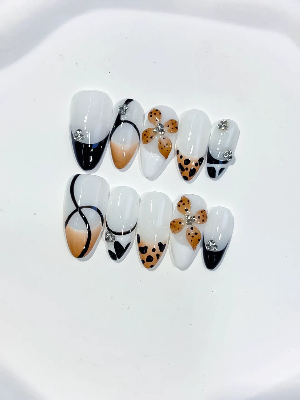 D558 - Medium White Black Almond French tip Flower Animal Print