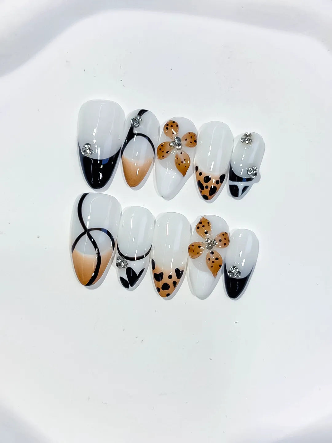 D558 - Medium White Black Almond French tip Flower Animal Print
