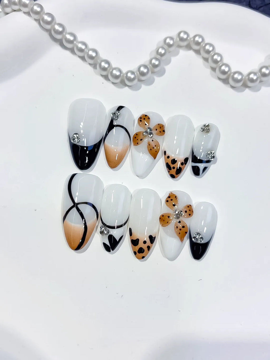 D558 - Medium White Black Almond French tip Flower Animal Print