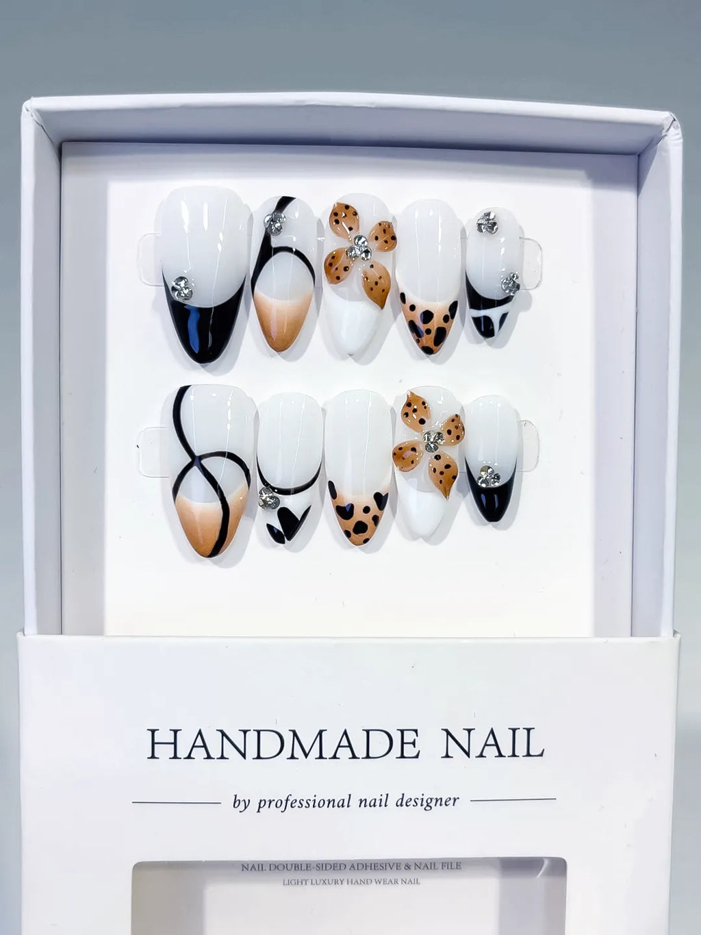 D558 - Medium White Black Almond French tip Flower Animal Print
