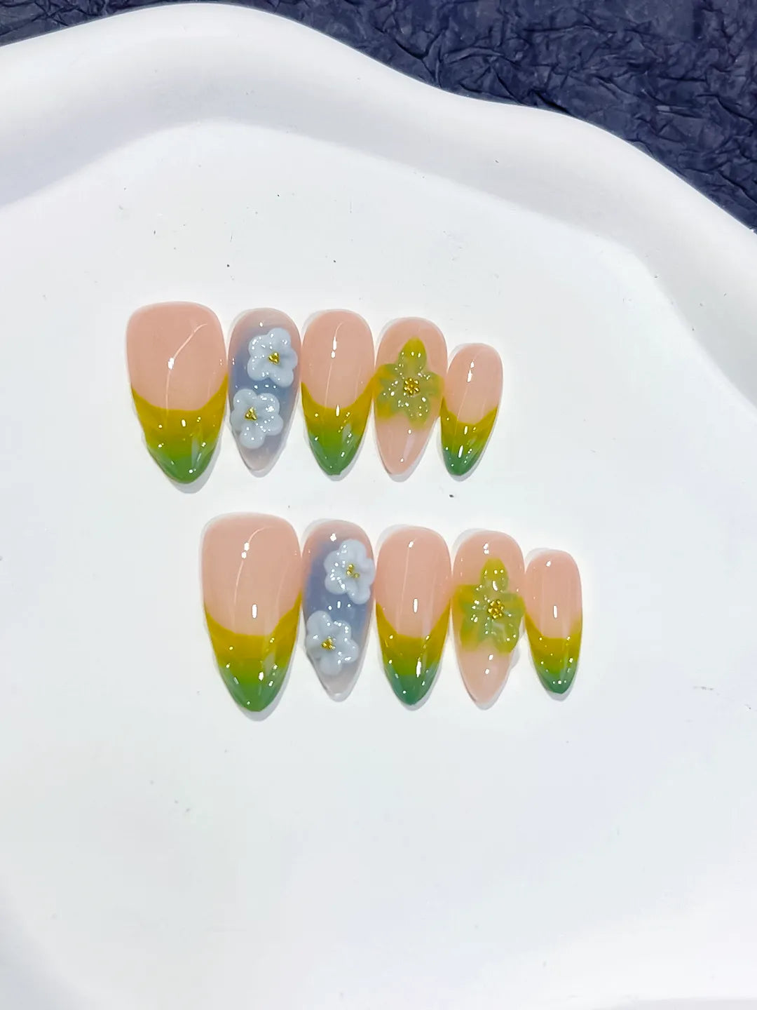 D559 - Medium Nude Green Almond French tip Flower Butterfly VibeNailsLab