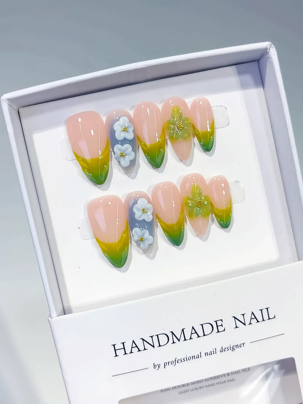 D559 - Medium Nude Green Almond French tip Flower Butterfly VibeNailsLab