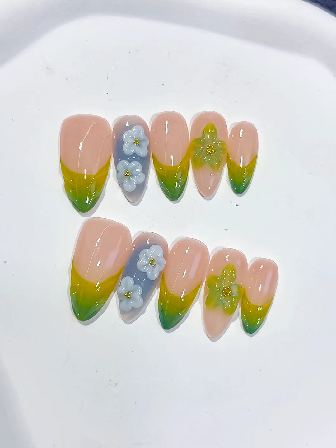 D559 - Medium Nude Green Almond French tip Flower Butterfly