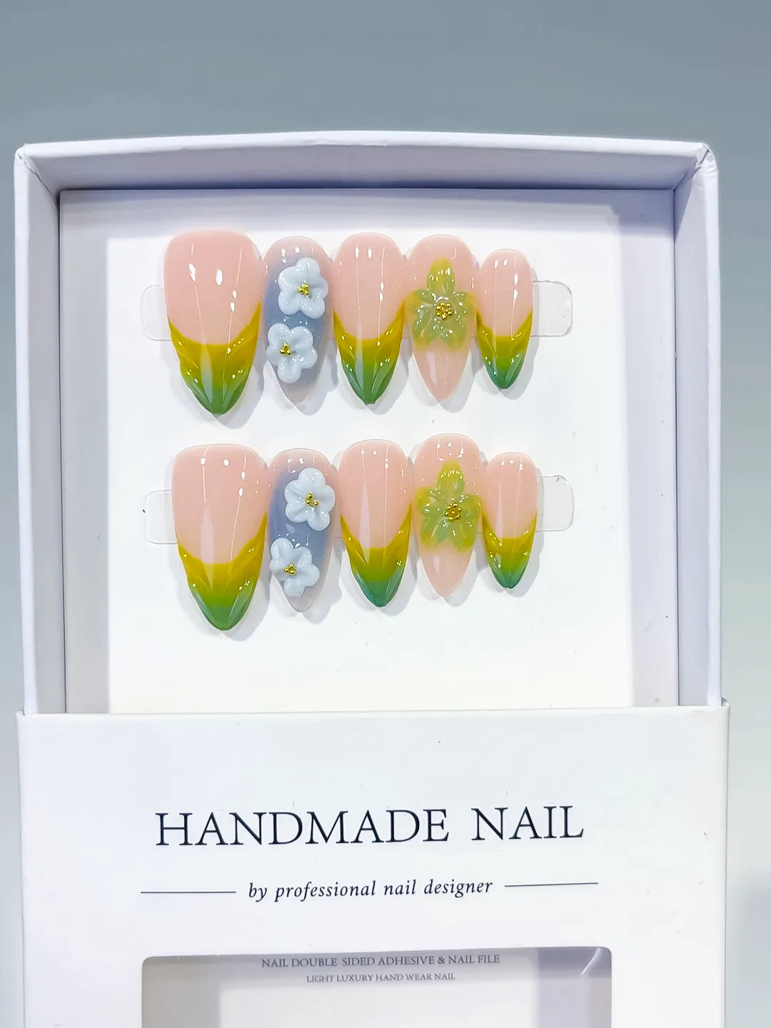 D559 - Medium Nude Green Almond French tip Flower Butterfly VibeNailsLab