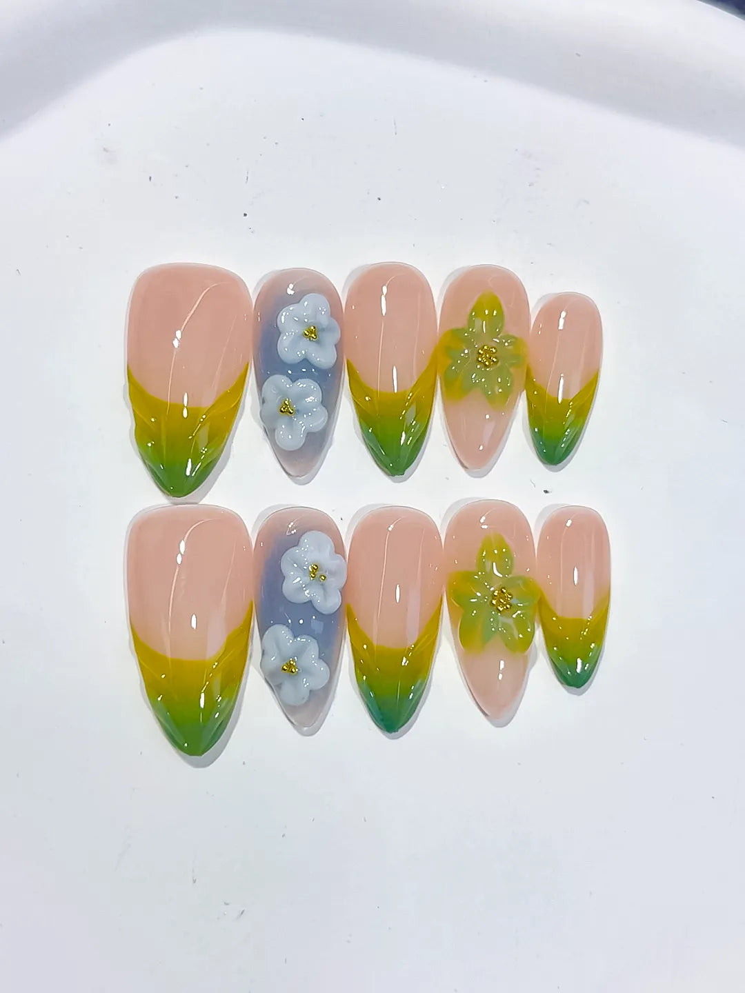 D559 - Medium Nude Green Almond French tip Flower Butterfly VibeNailsLab