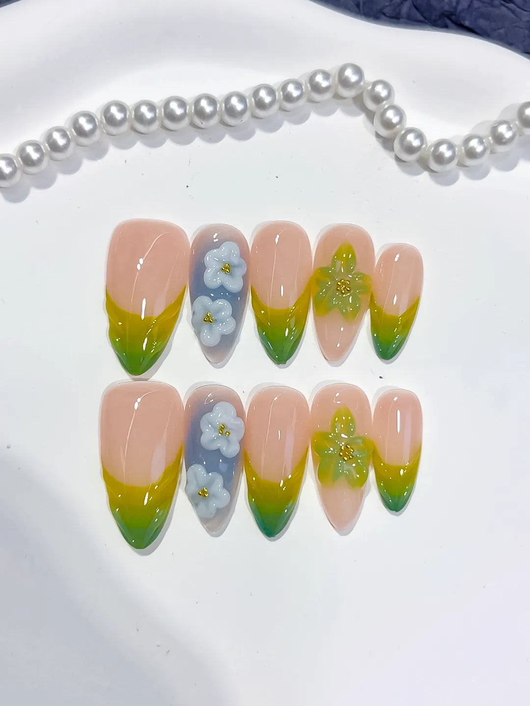 D559 - Medium Nude Green Almond French tip Flower Butterfly