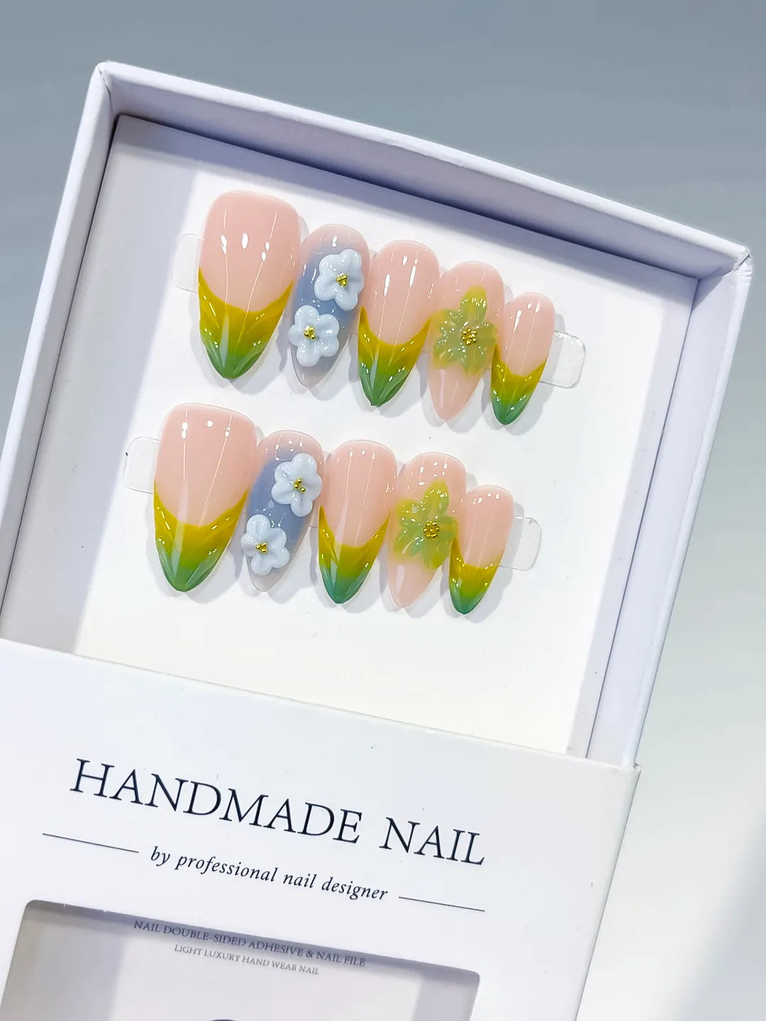 D559 - Medium Nude Green Almond French tip Flower Butterfly VibeNailsLab