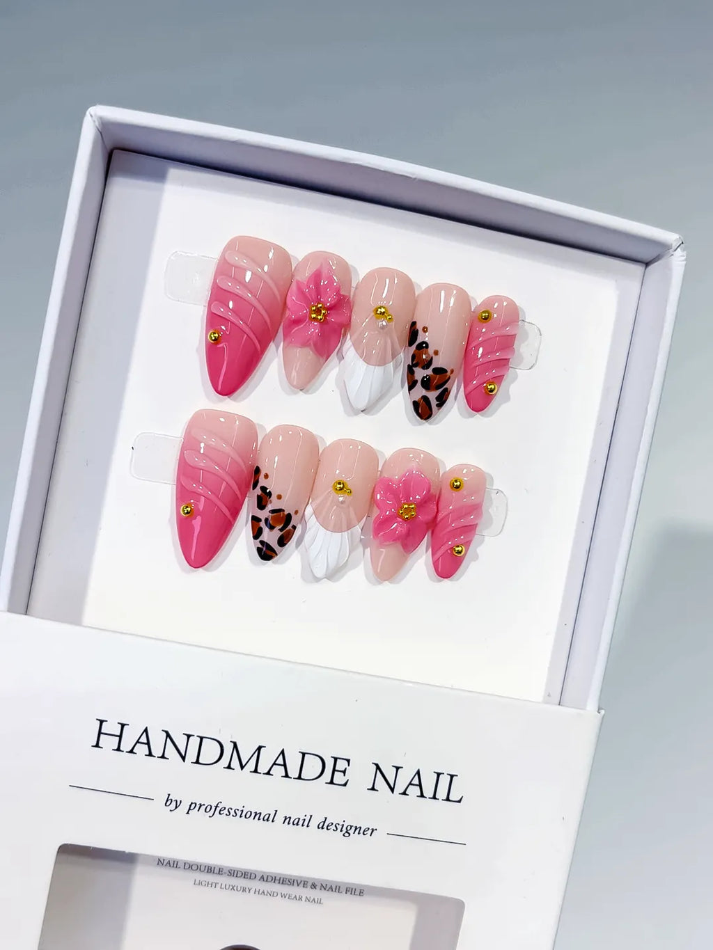 D560 - Medium Pink White Almond French tip Flower Animal Print