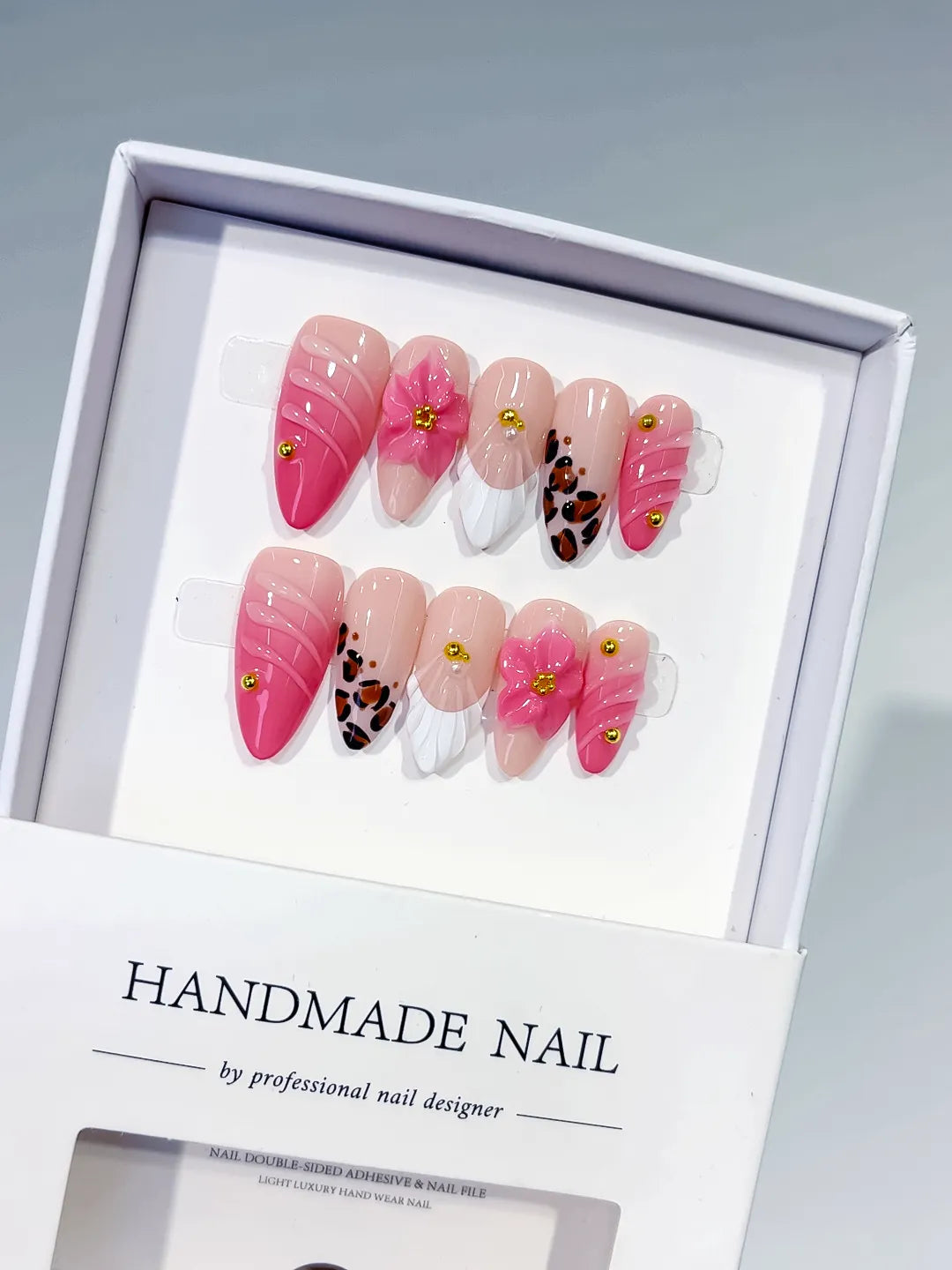 D560 - Medium Pink White Almond French tip Flower Animal Print