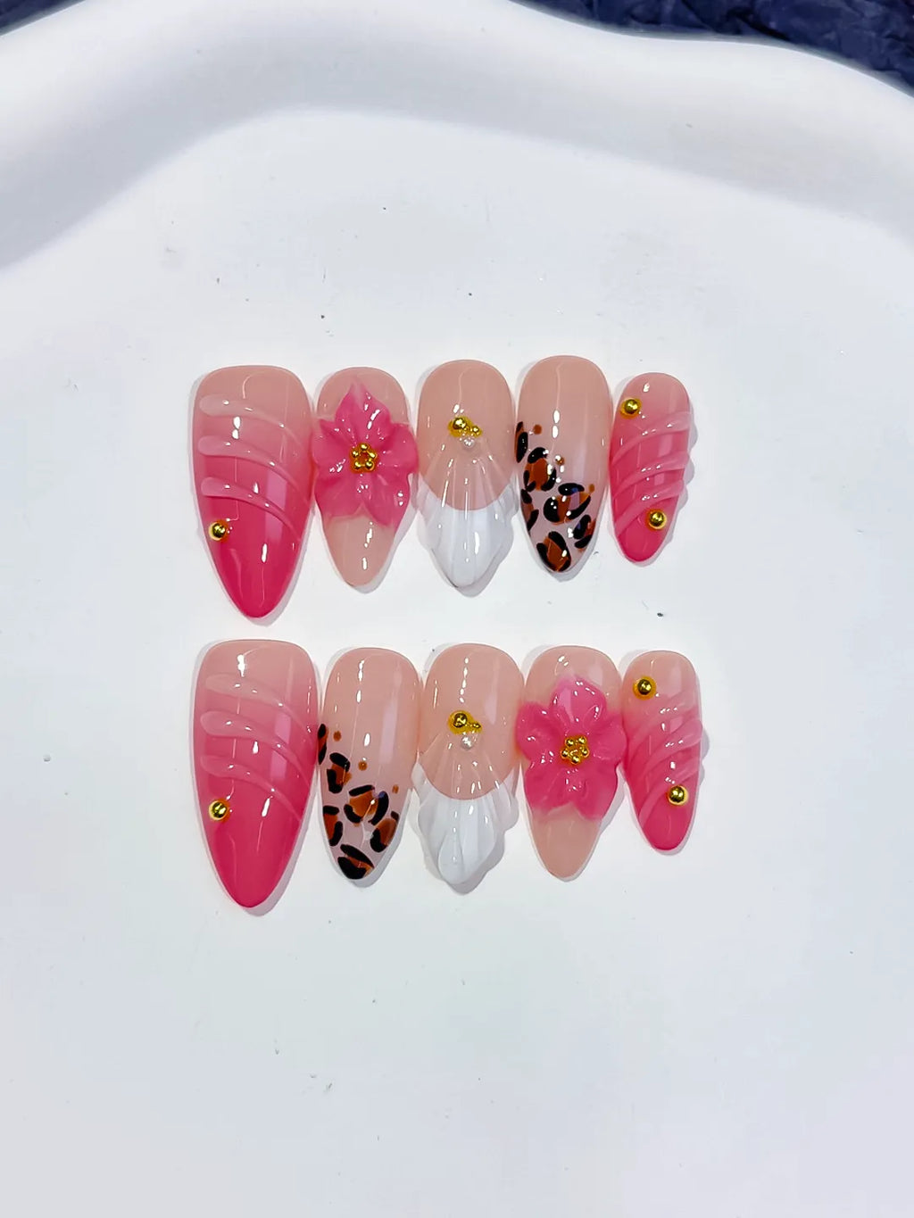 D560 - Medium Pink White Almond French tip Flower Animal Print