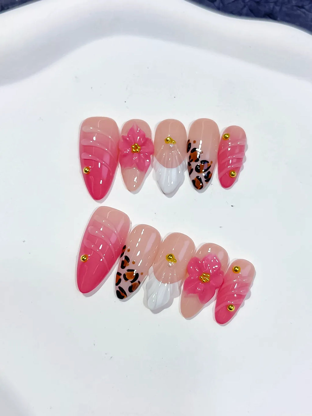 D560 - Medium Pink White Almond French tip Flower Animal Print