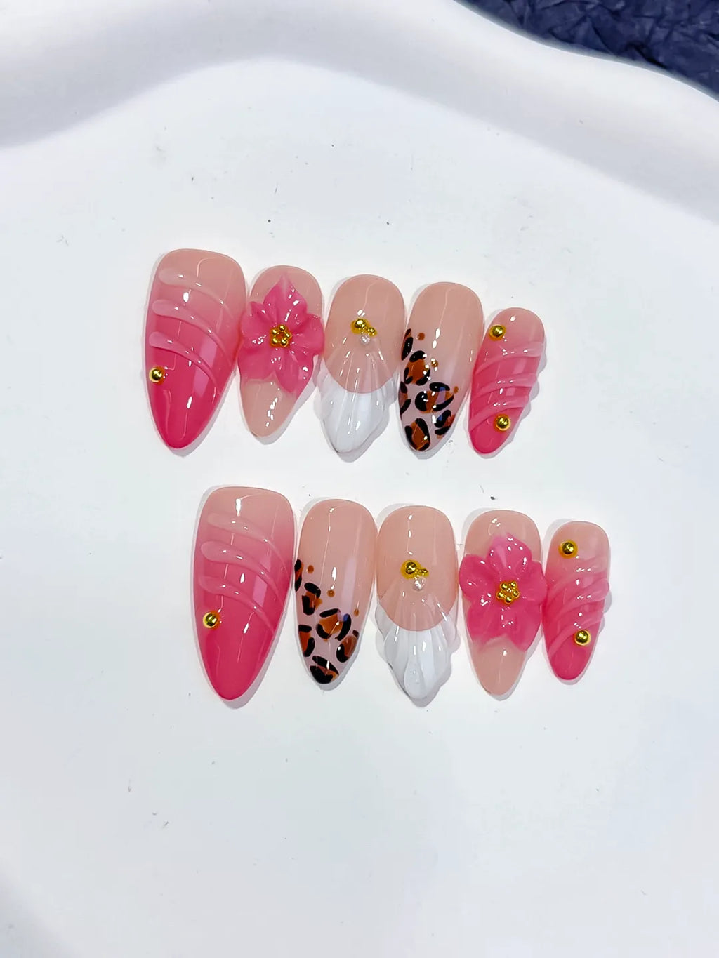D560 - Medium Pink White Almond French tip Flower Animal Print
