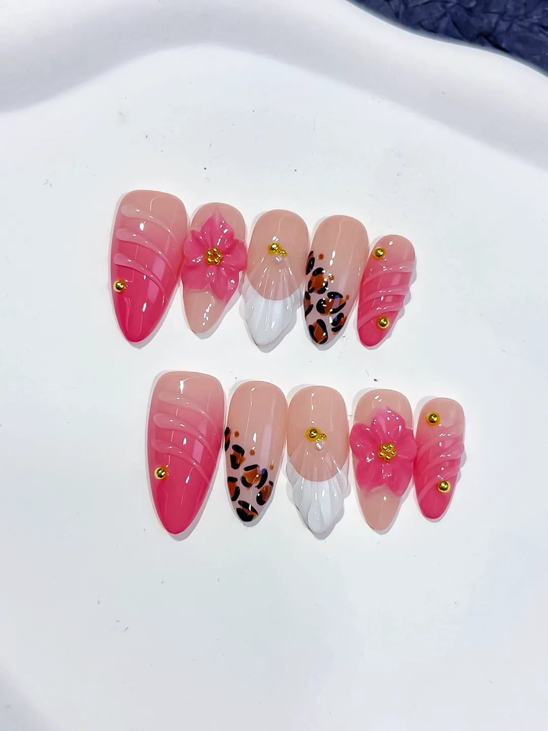 D560 - Medium Pink White Almond French tip Flower Animal Print
