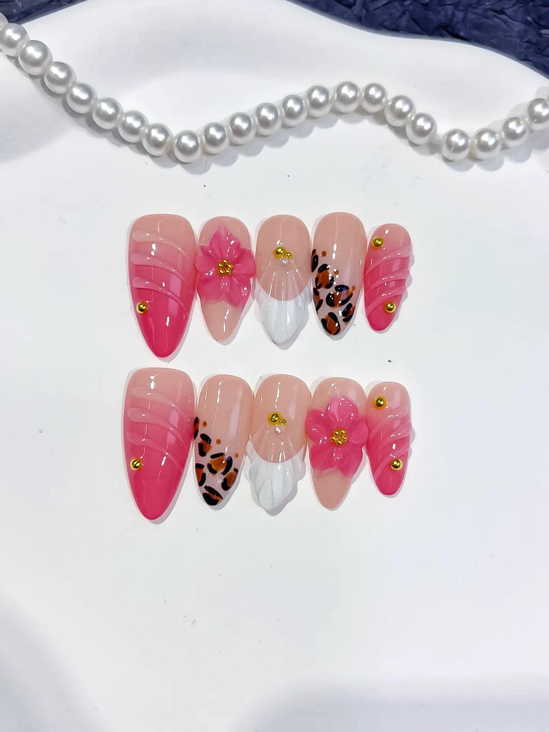D560 - Medium Pink White Almond French tip Flower Animal Print