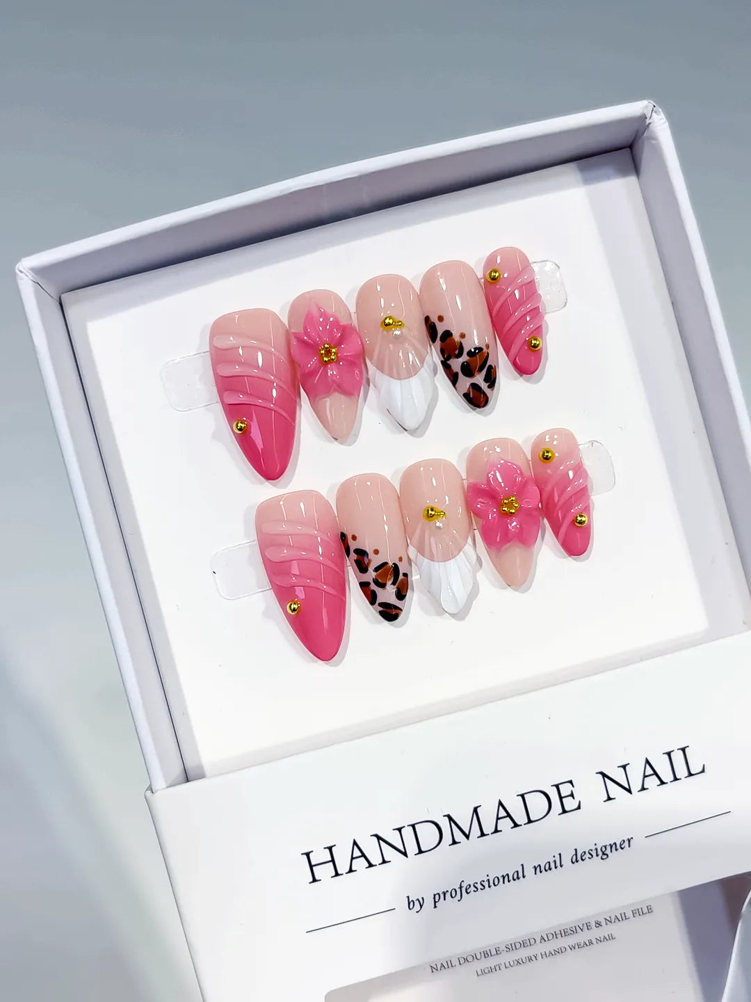 D560 - Medium Pink White Almond French tip Flower Animal Print