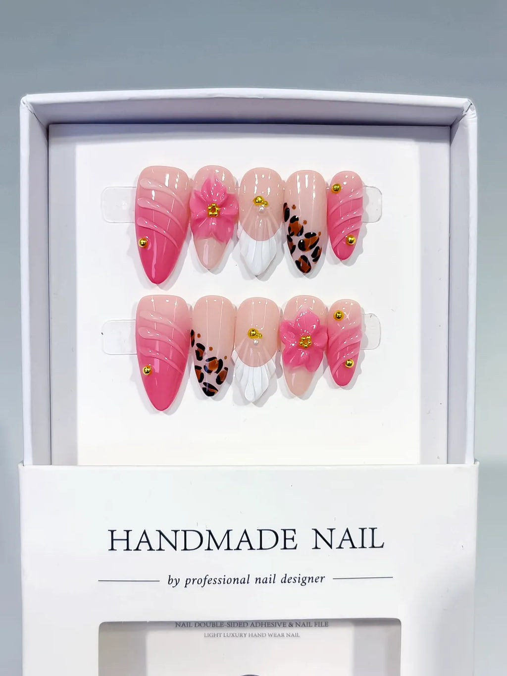 D560 - Medium Pink White Almond French tip Flower Animal Print