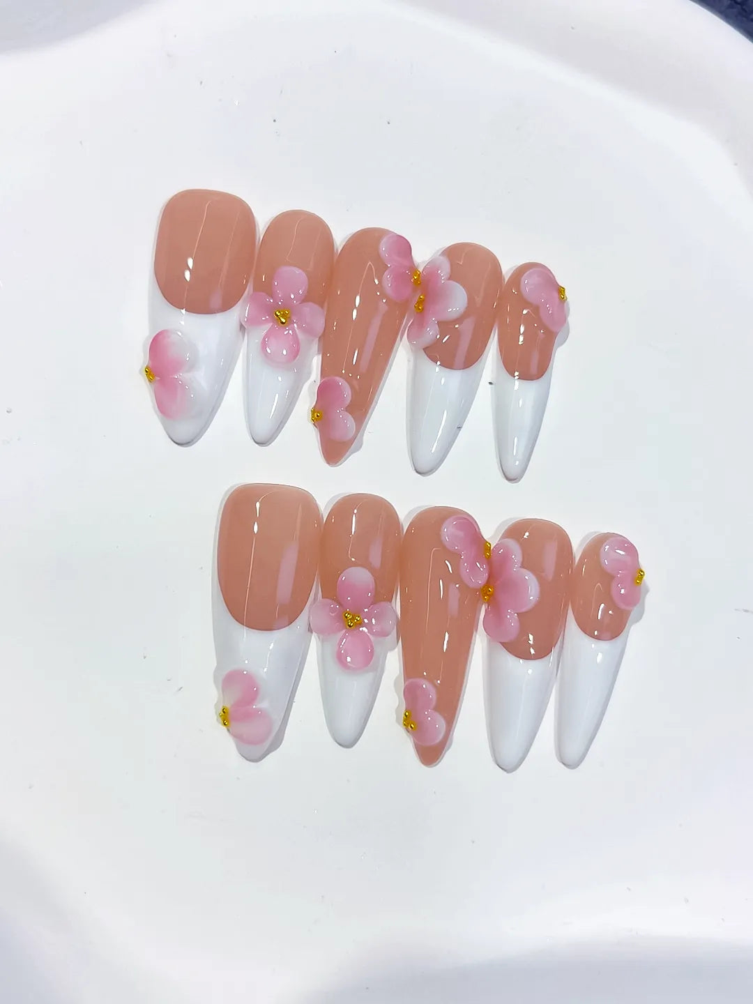 D561 - Long Nude White Stiletto French tip Flower