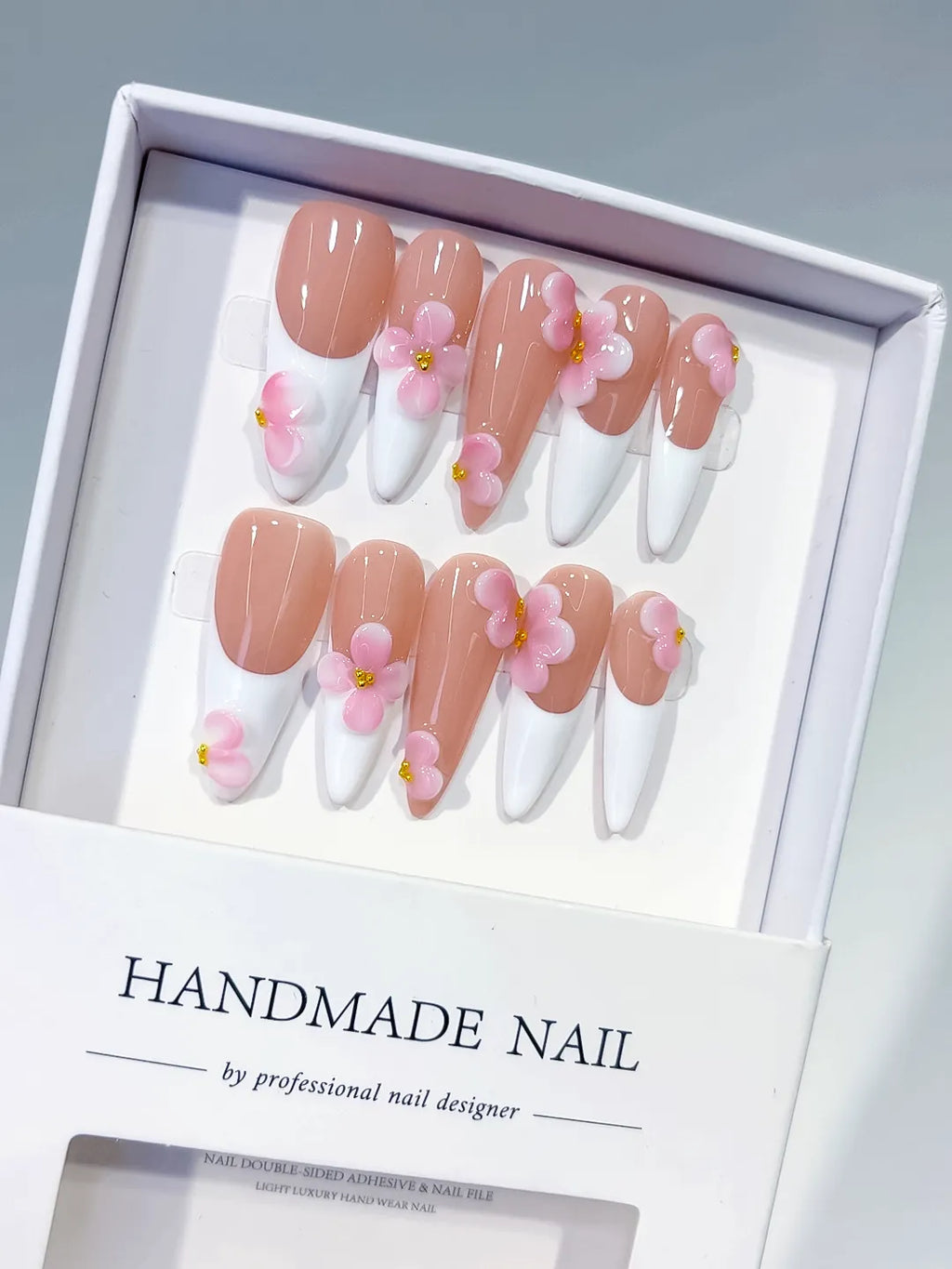 D561 - Long Nude White Stiletto French tip Flower