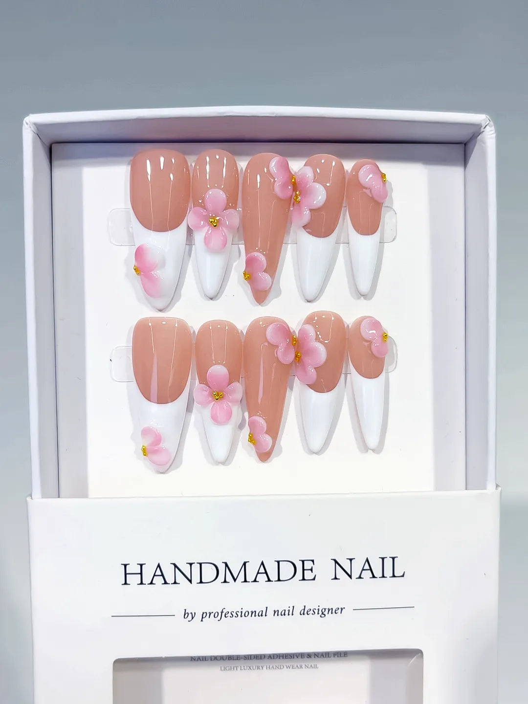 D561 - Long Nude White Stiletto French tip Flower