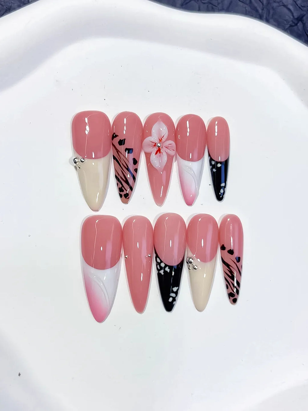 D562 - Long Pink White Stiletto Abstract Flower Animal Print