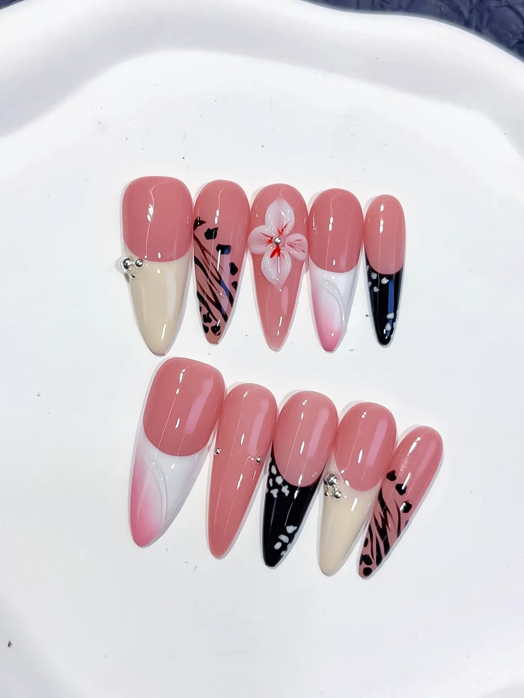 D562 - Long Pink White Stiletto Abstract Flower Animal Print