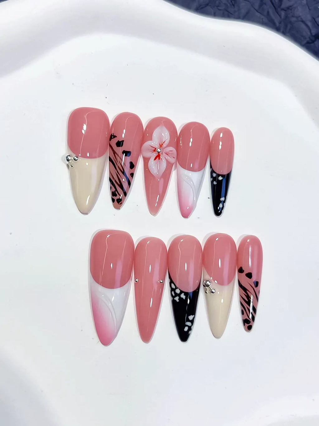 D562 - Long Pink White Stiletto Abstract Flower Animal Print