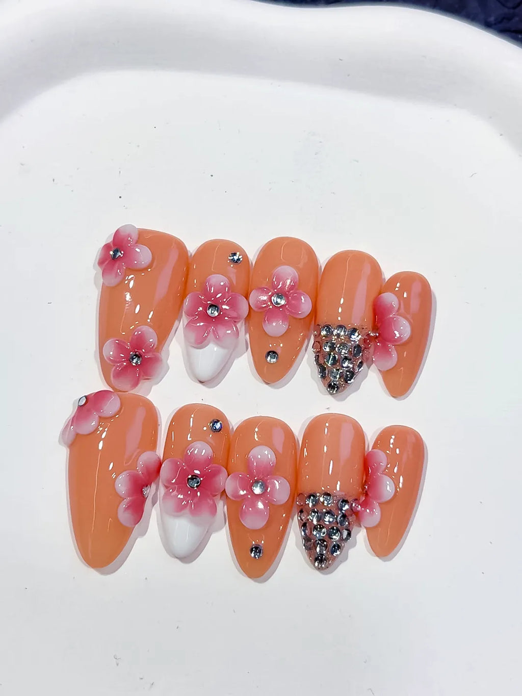 D564 - Medium Nude Pink Almond French tip Flower Rhinestone