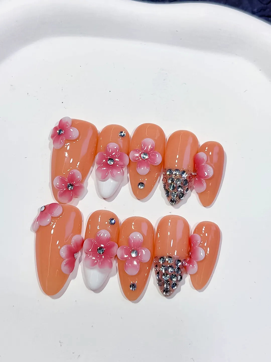 D564 - Medium Nude Pink Almond French tip Flower Rhinestone