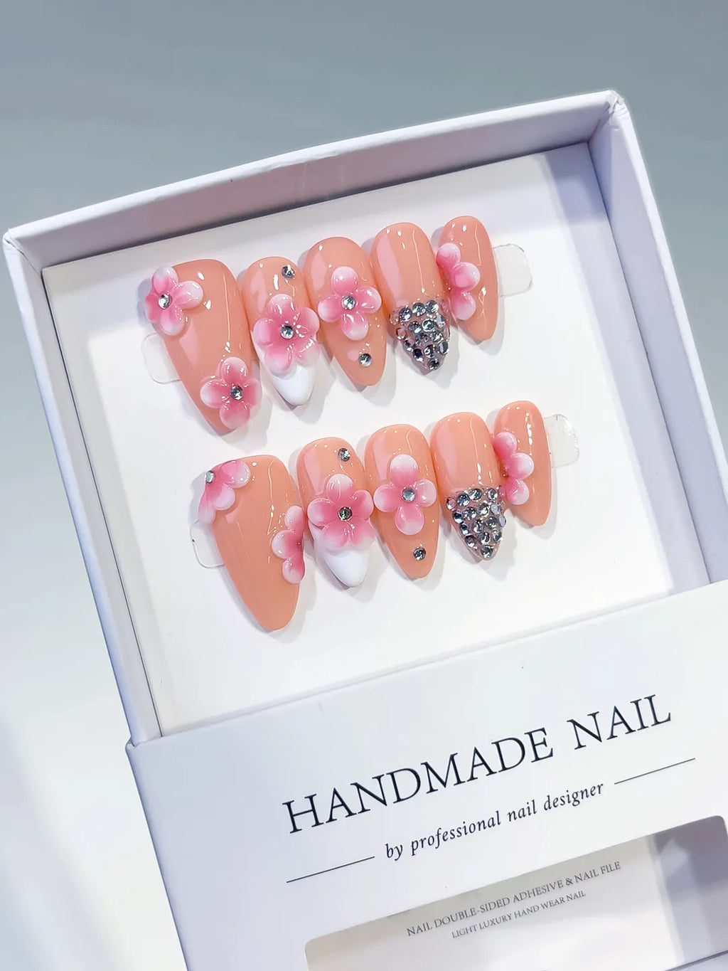D564 - Medium Nude Pink Almond French tip Flower Rhinestone