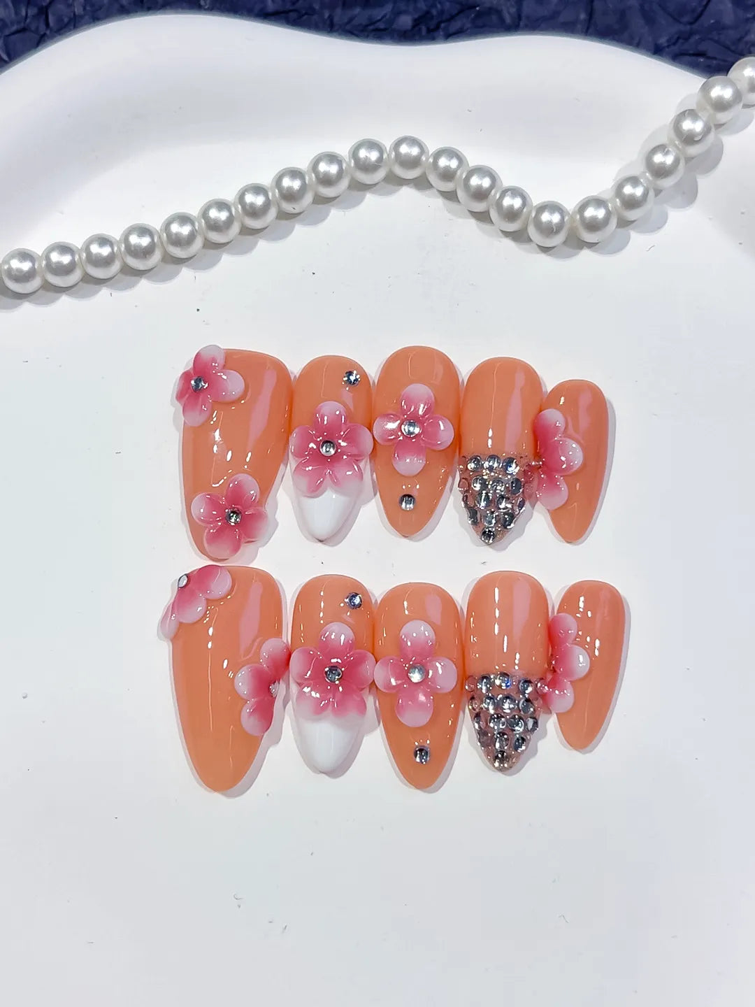 D564 - Medium Nude Pink Almond French tip Flower Rhinestone