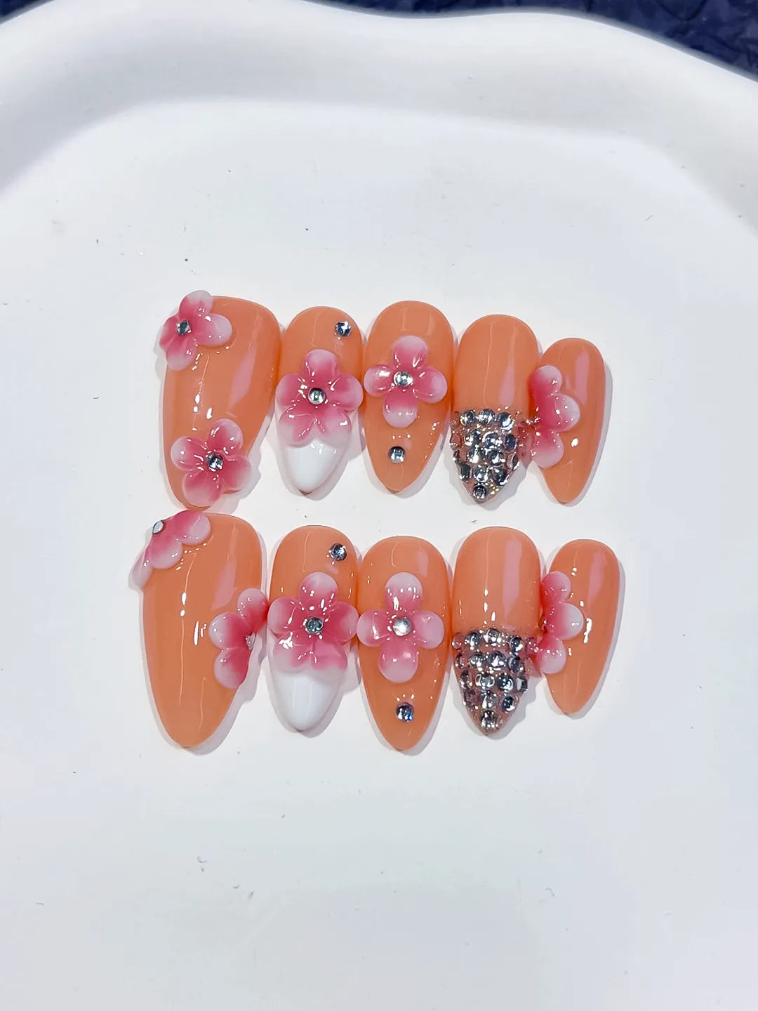 D564 - Medium Nude Pink Almond French tip Flower Rhinestone