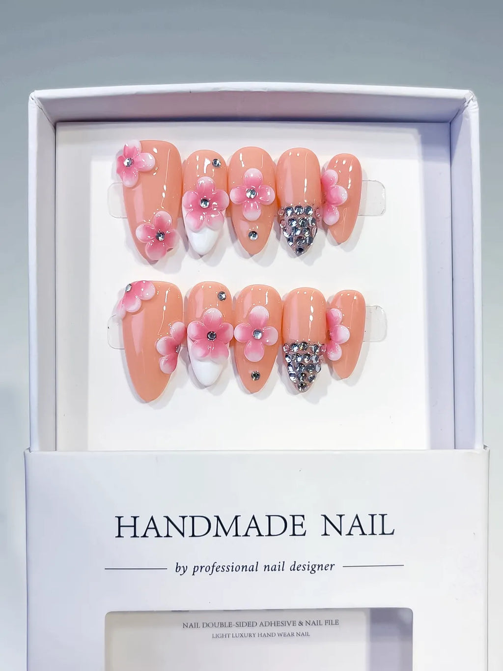 D564 - Medium Nude Pink Almond French tip Flower Rhinestone