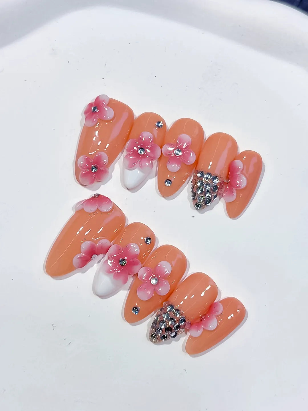 D564 - Medium Nude Pink Almond French tip Flower Rhinestone
