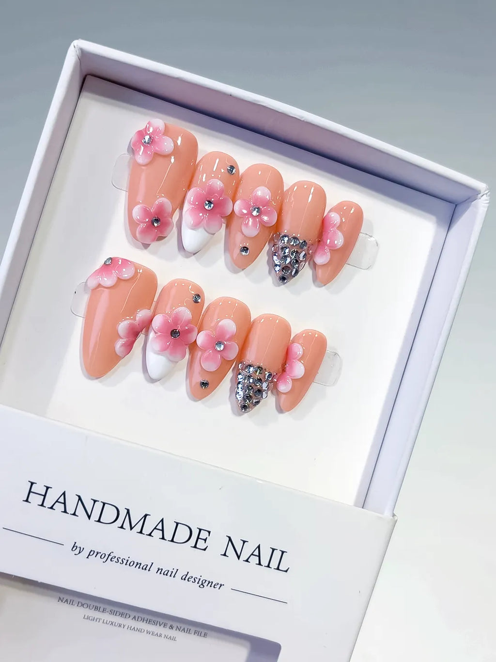 D564 - Medium Nude Pink Almond French tip Flower Rhinestone