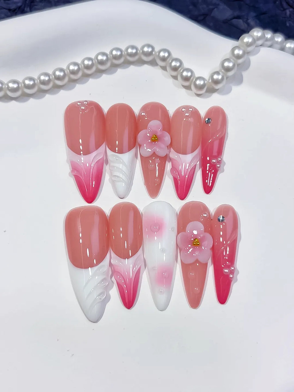 D565 - Long Pink White Almond French tip Flower Shell
