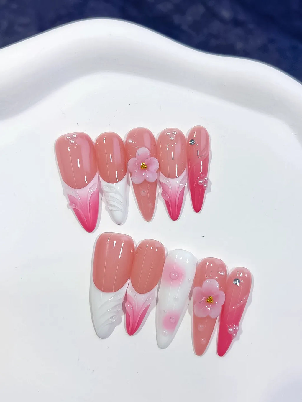 D565 - Long Pink White Almond French tip Flower Shell