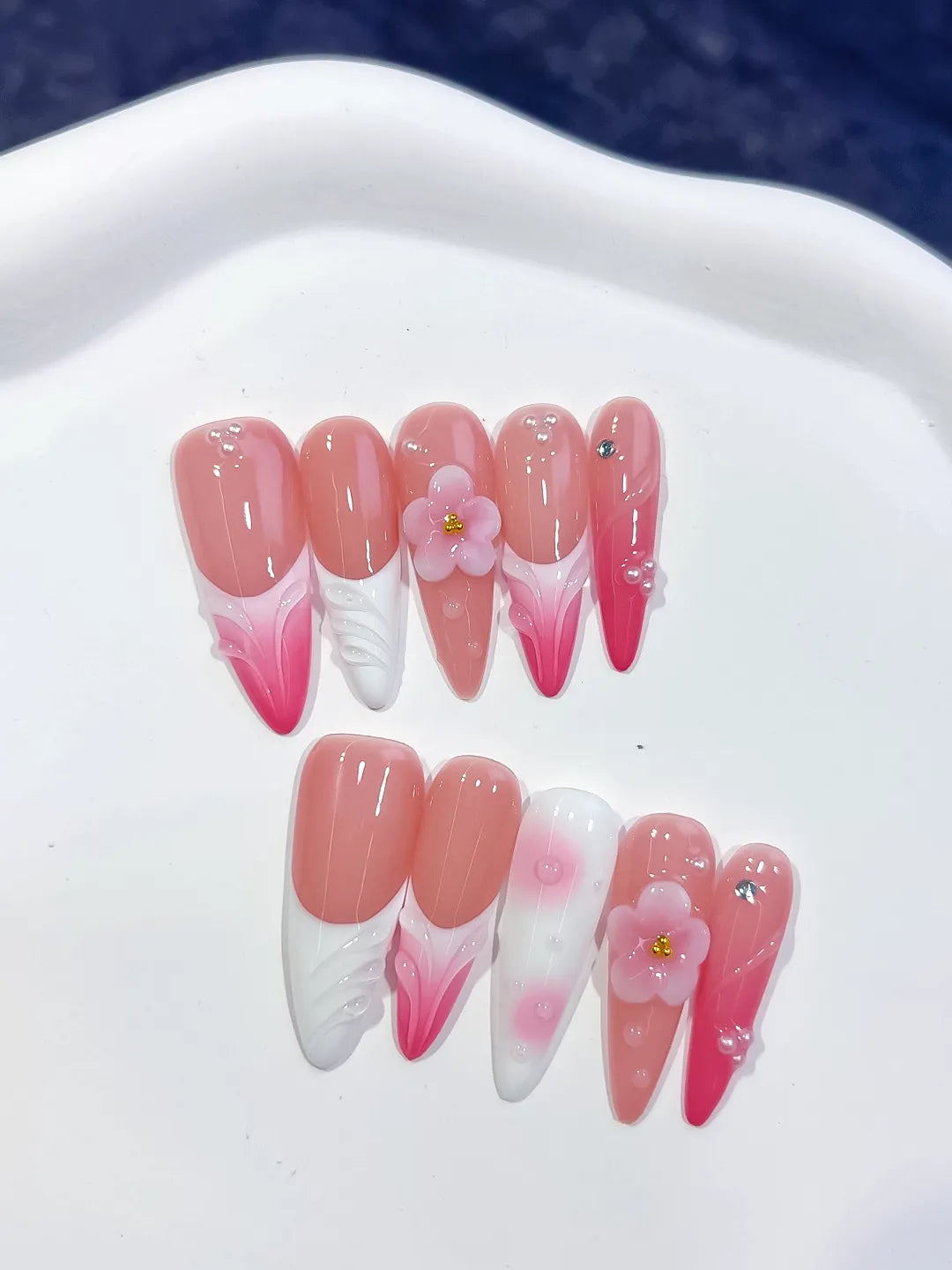 D565 - Long Pink White Almond French tip Flower Shell