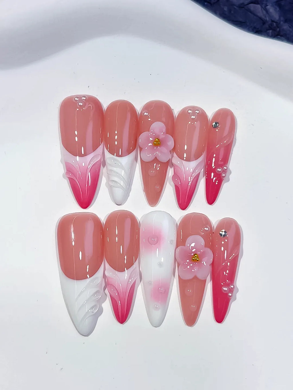 D565 - Long Pink White Almond French tip Flower Shell