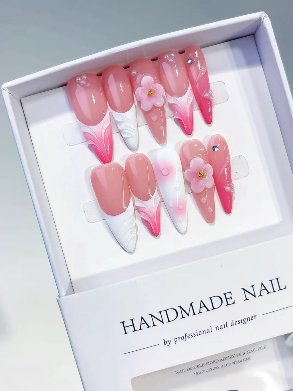D565 - Long Pink White Almond French tip Flower Shell