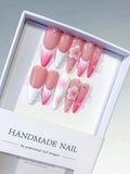 D565 - Long Pink White Almond French tip Flower Shell