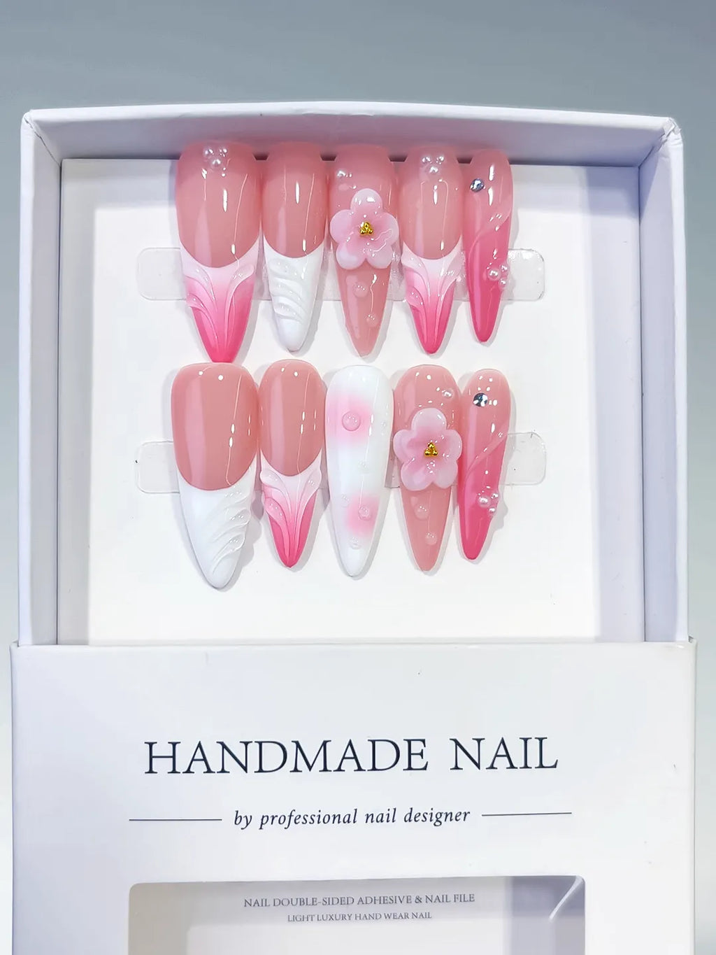 D565 - Long Pink White Almond French tip Flower Shell