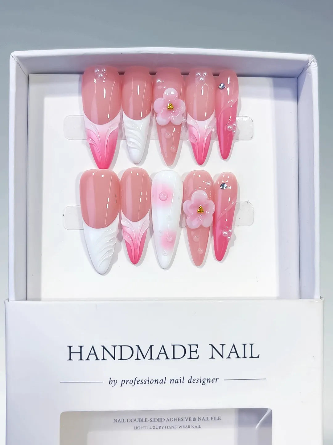 D565 - Long Pink White Almond French tip Flower Shell