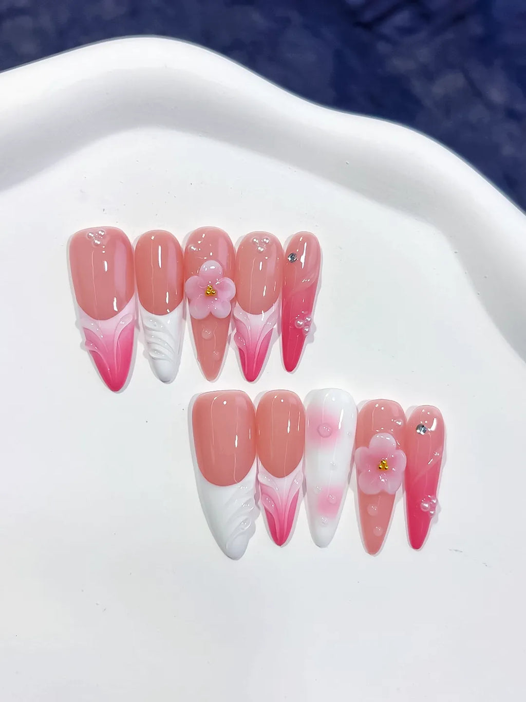 D565 - Long Pink White Almond French tip Flower Shell