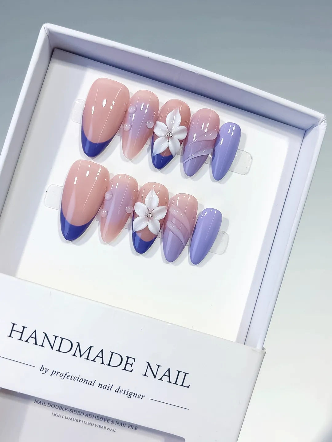 D567 - Medium Nude Purple Almond French tip Flower Shell VibeNailsLab
