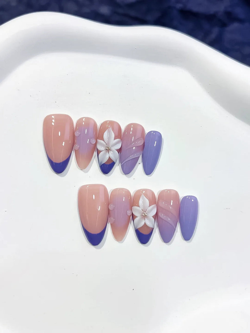 D567 - Medium Nude Purple Almond French tip Flower Shell VibeNailsLab