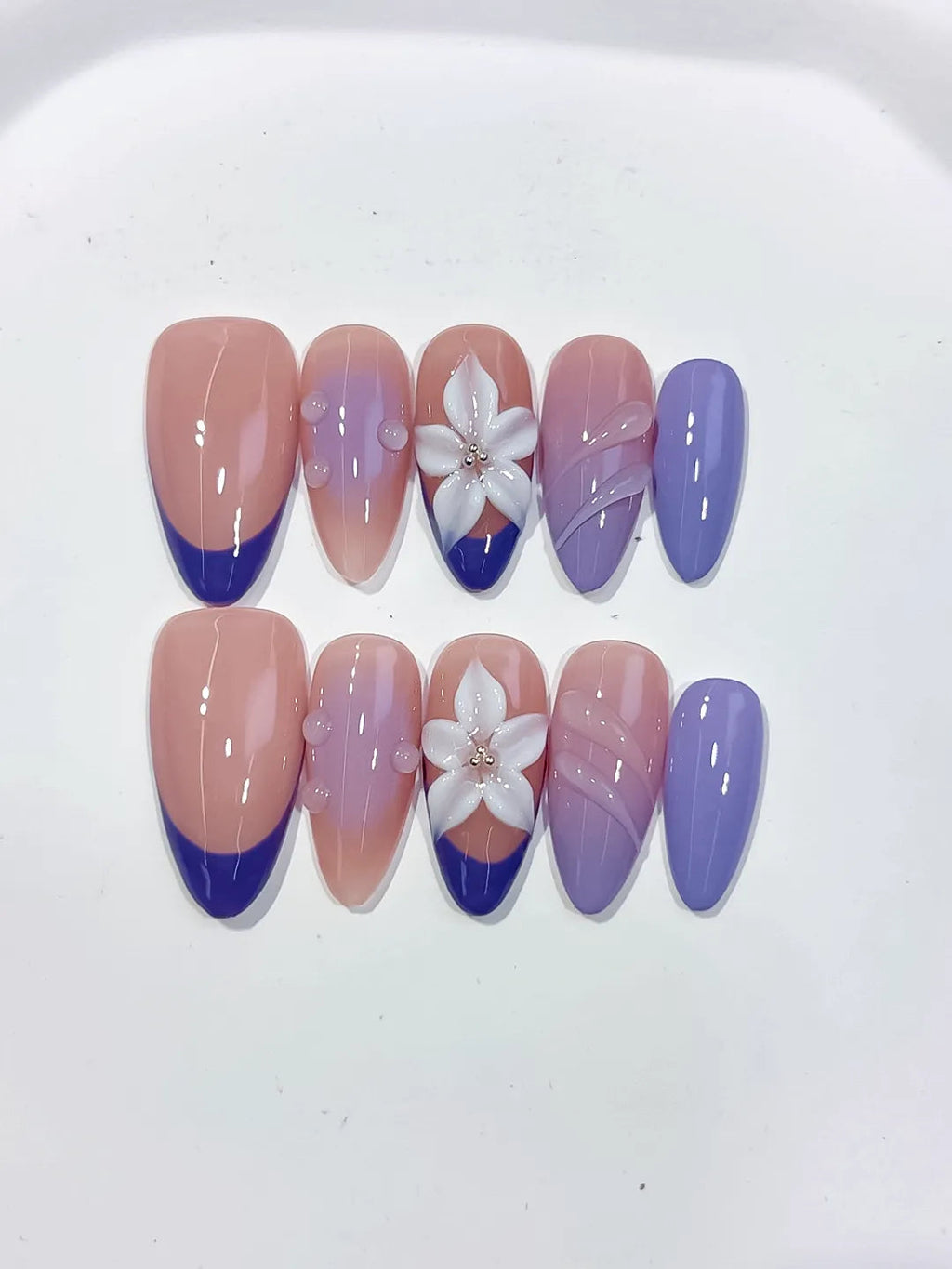 D567 - Medium Nude Purple Almond French tip Flower Shell VibeNailsLab