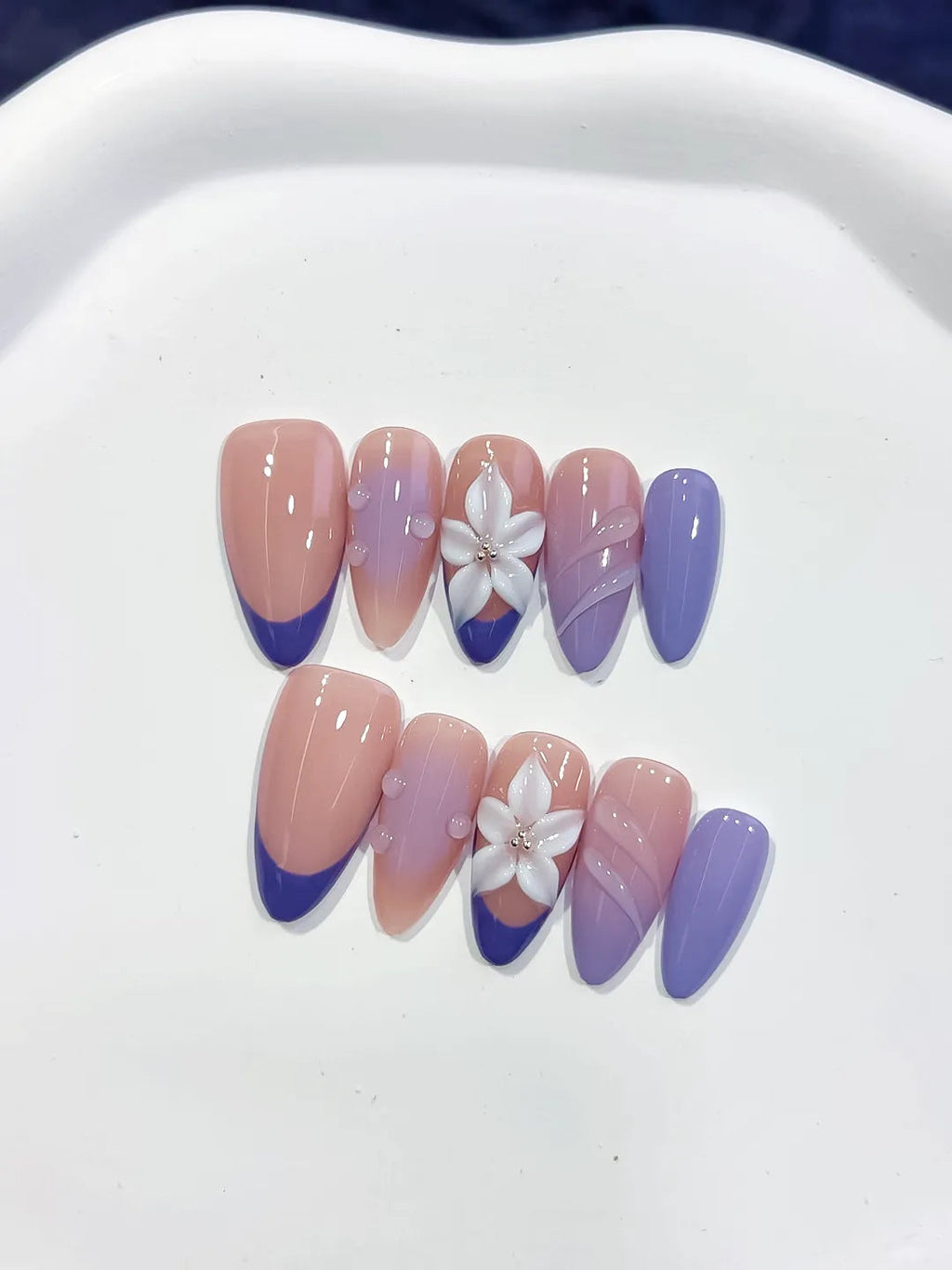 D567 - Medium Nude Purple Almond French tip Flower Shell VibeNailsLab